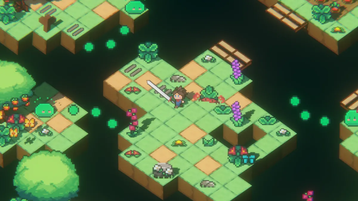 SpinKnight key art: the knight and his oversized sword on a floating isometric island