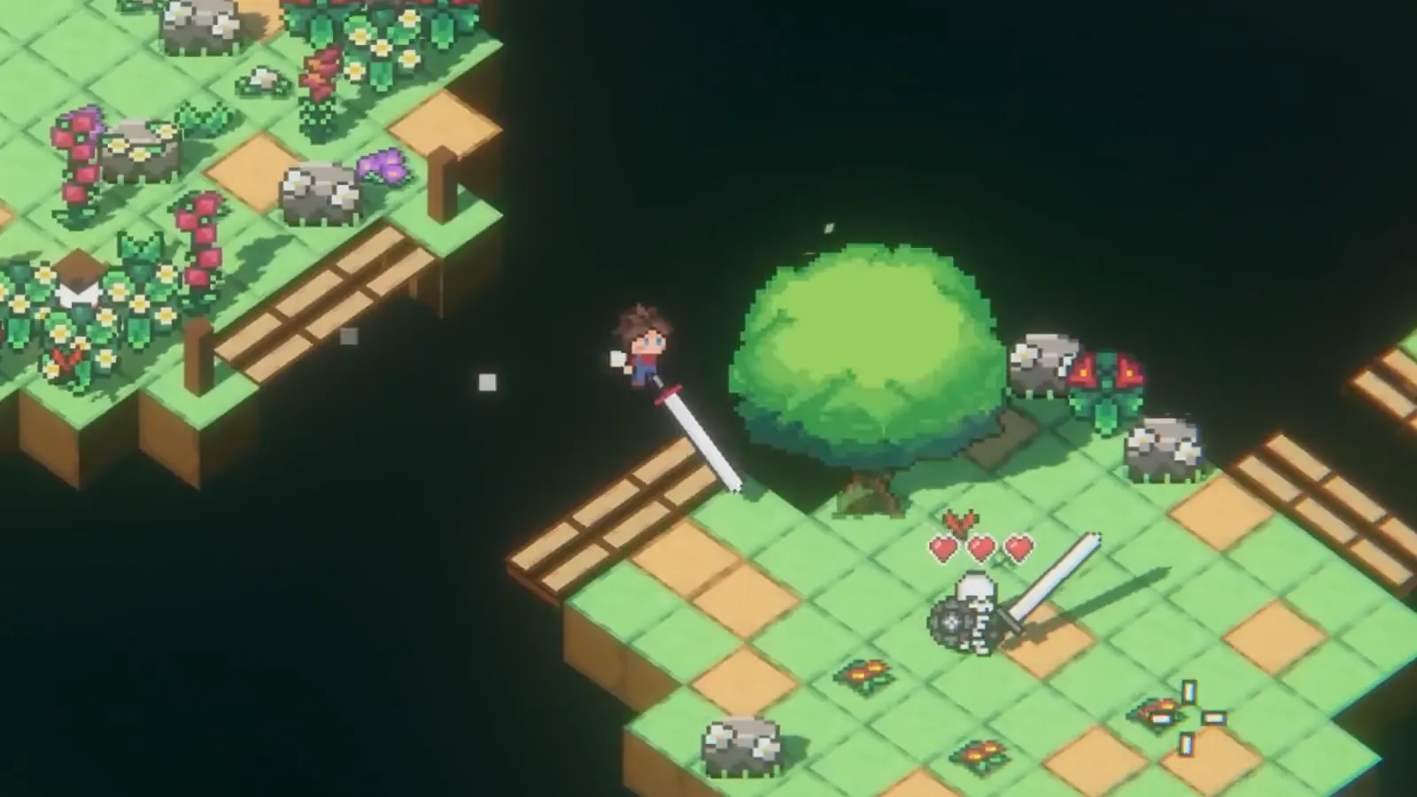 SpinKnight gameplay: the knight throws his spinning sword at a skeleton enemy on floating pixel art platforms