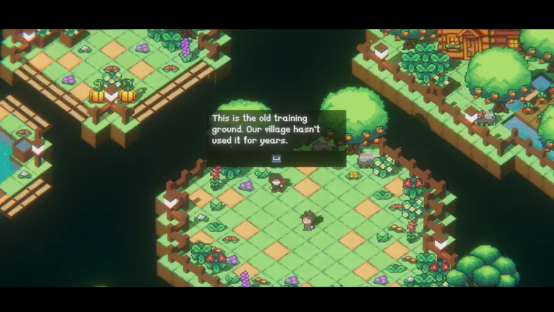 SpinKnight gameplay: talking to a villager at the old training ground on a floating island