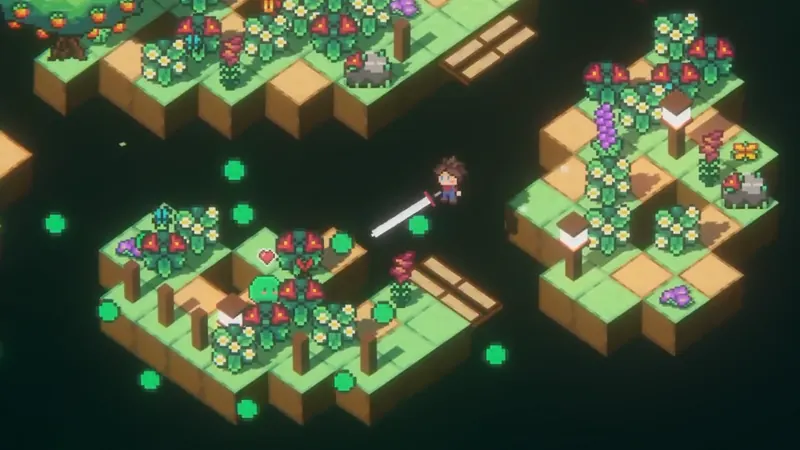 SpinKnight gameplay: the knight throws his sword across a gap toward a slime in a flower field